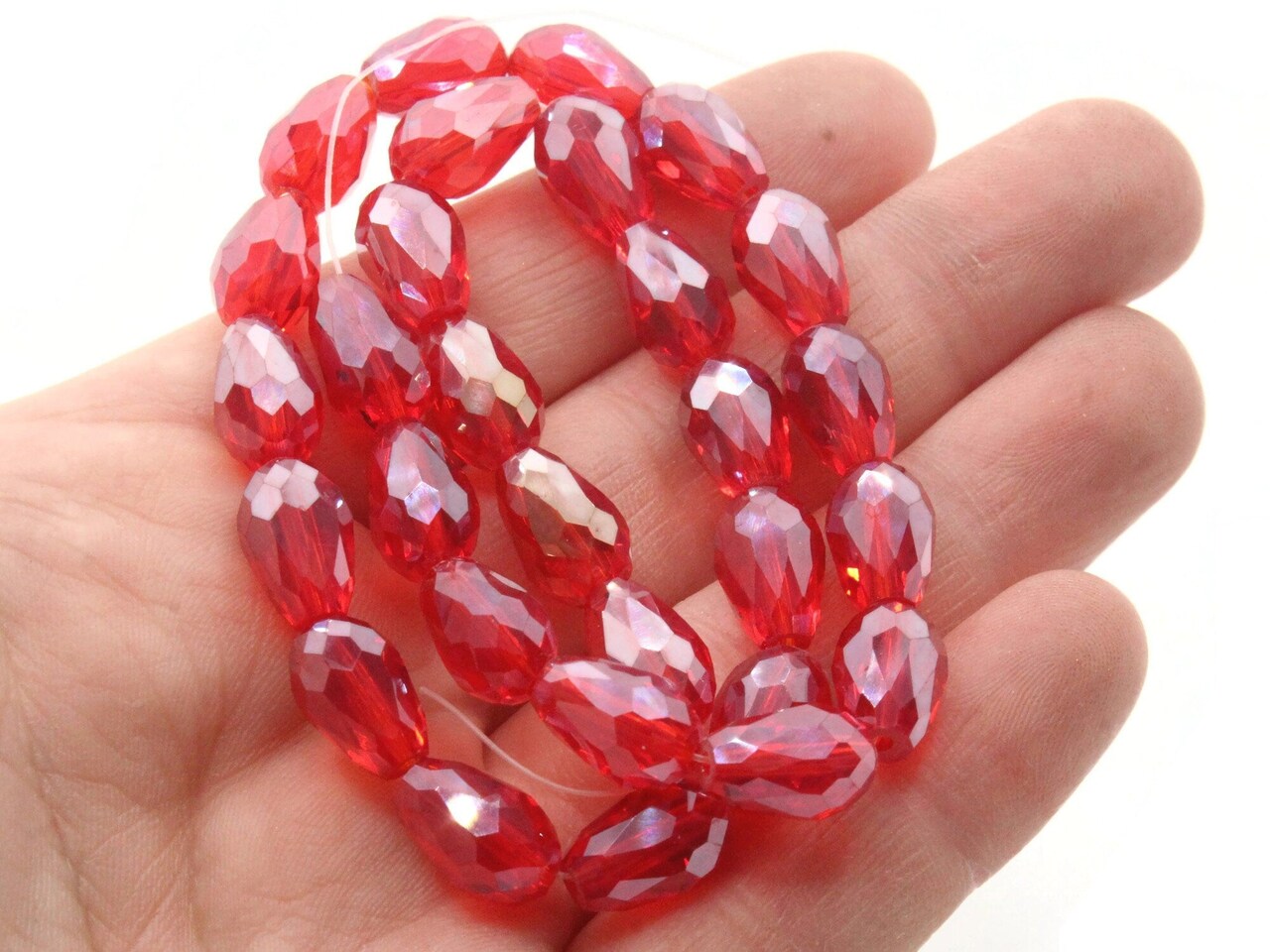 29 12mm Red Faceted Glass Teardrop Beads with AB Finish